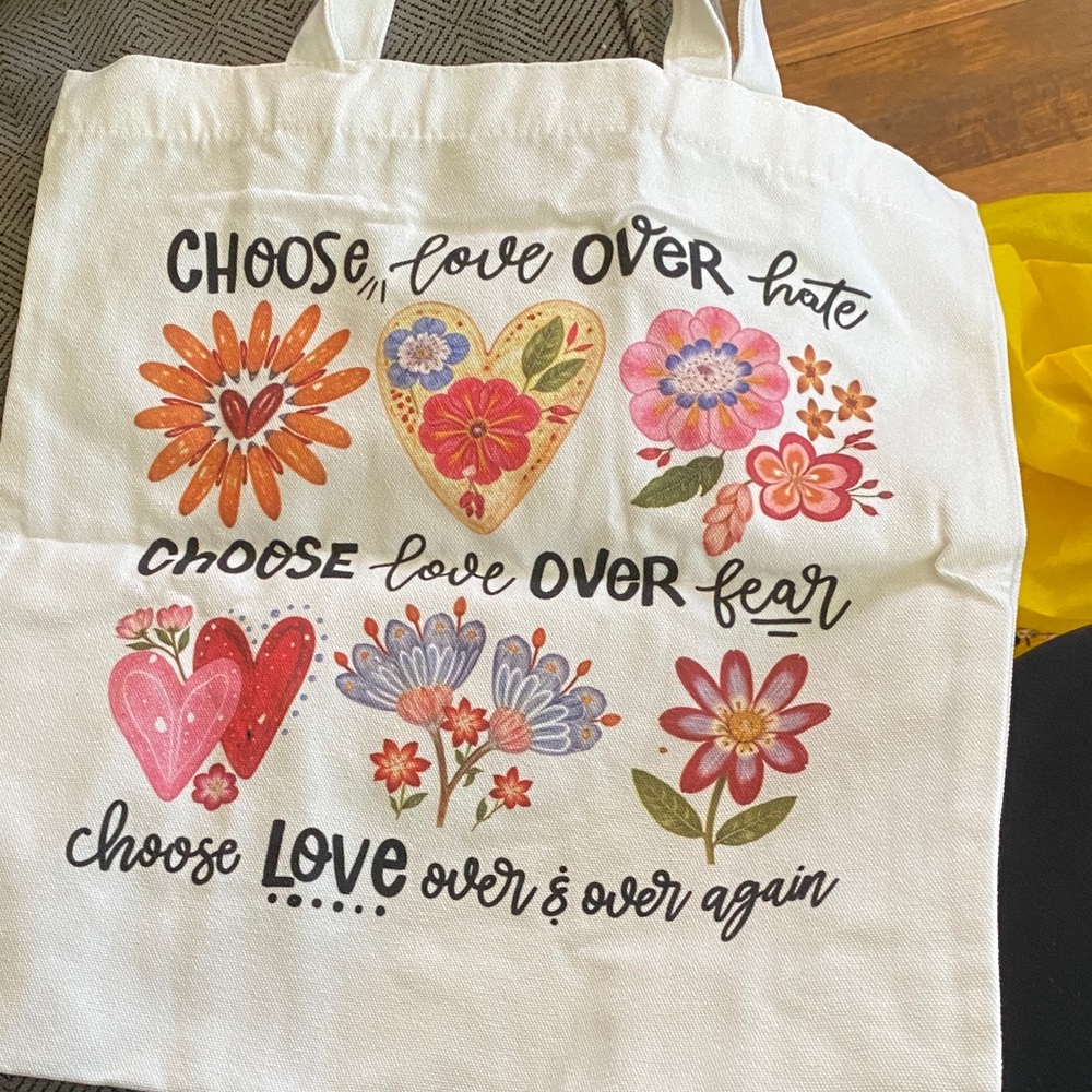 Choose Love Over Hate Floral Canvas Tote - White with Pink & Orange Accents